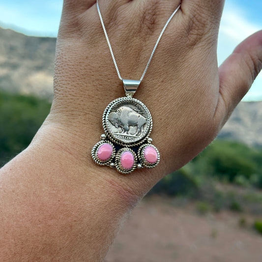 163. Pink Conch & Buffalo Nickel Pendant on 18” Sterling Silver Chain