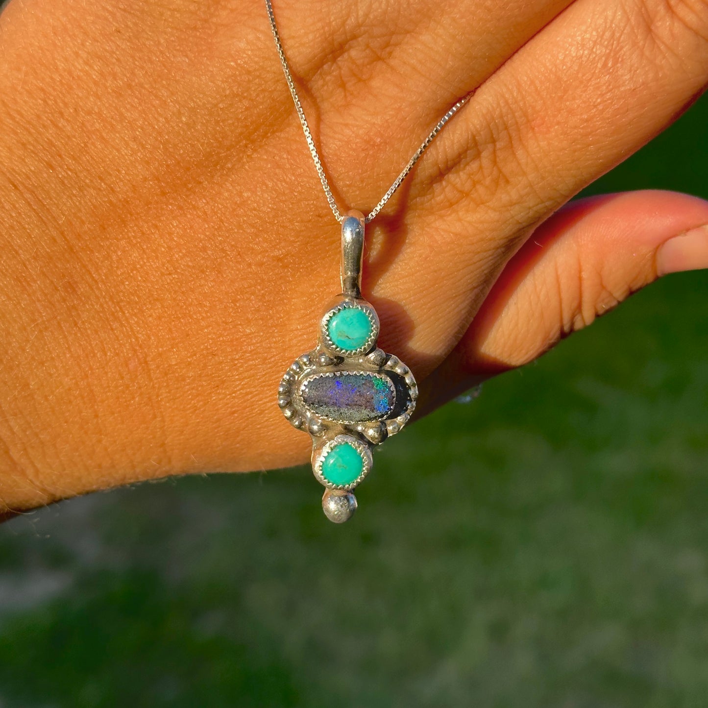 100. Turquoise & Australian Opal on 18” Sterling Silver Chain