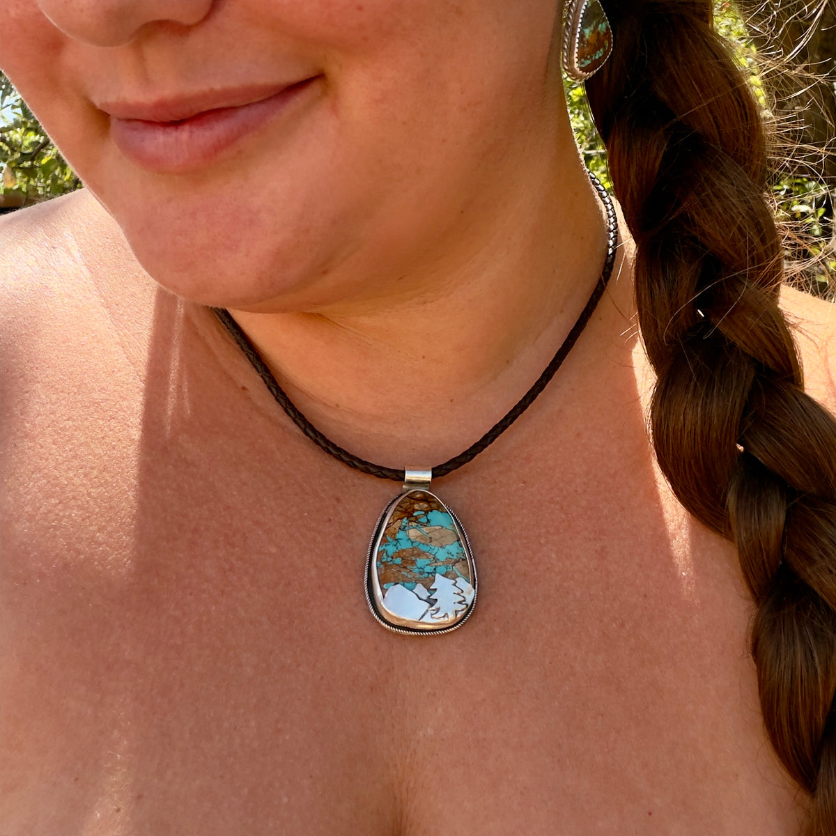 Turquoise Mountainscape Pendant on Leather Cord