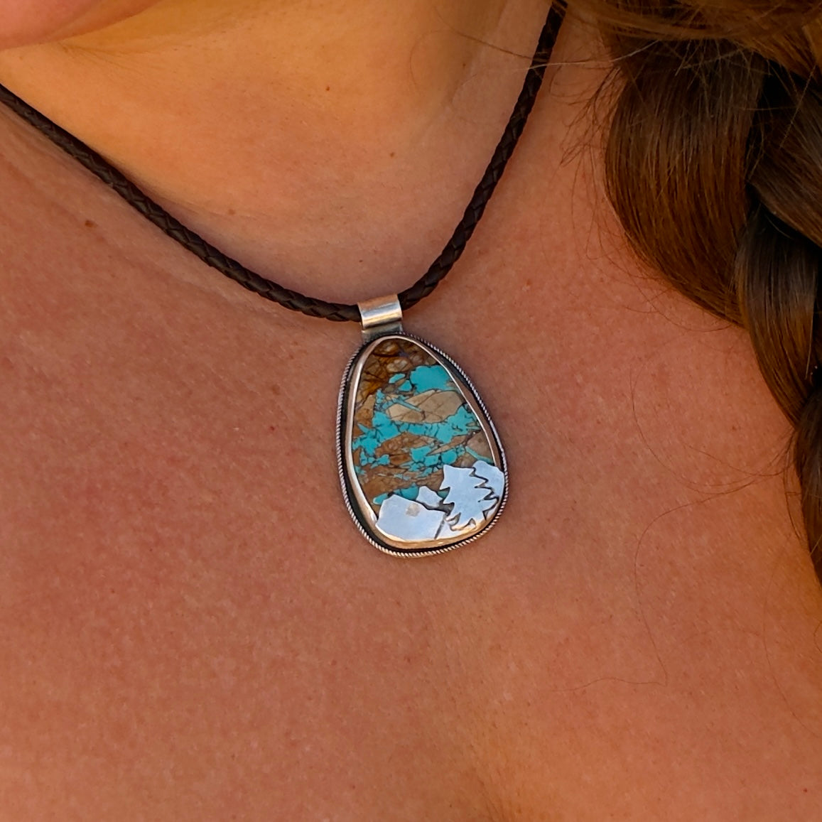 Turquoise Mountainscape Pendant on Leather Cord