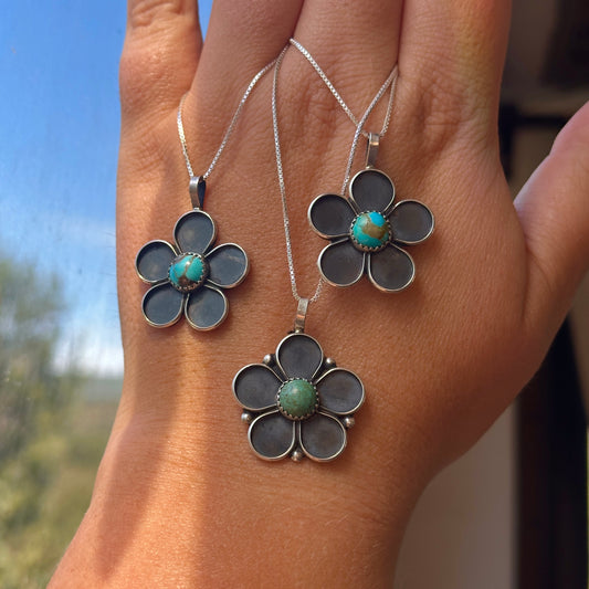 151. Turquoise Flower Pendant on 18” Sterling Silver Chain